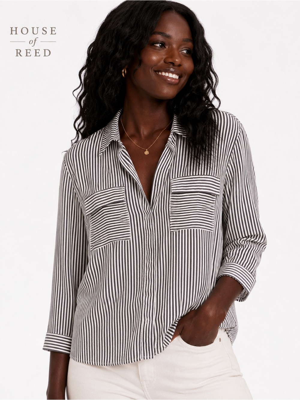 LOFT Black White Striped Utility Blouse Medium Button Front Office Shirt